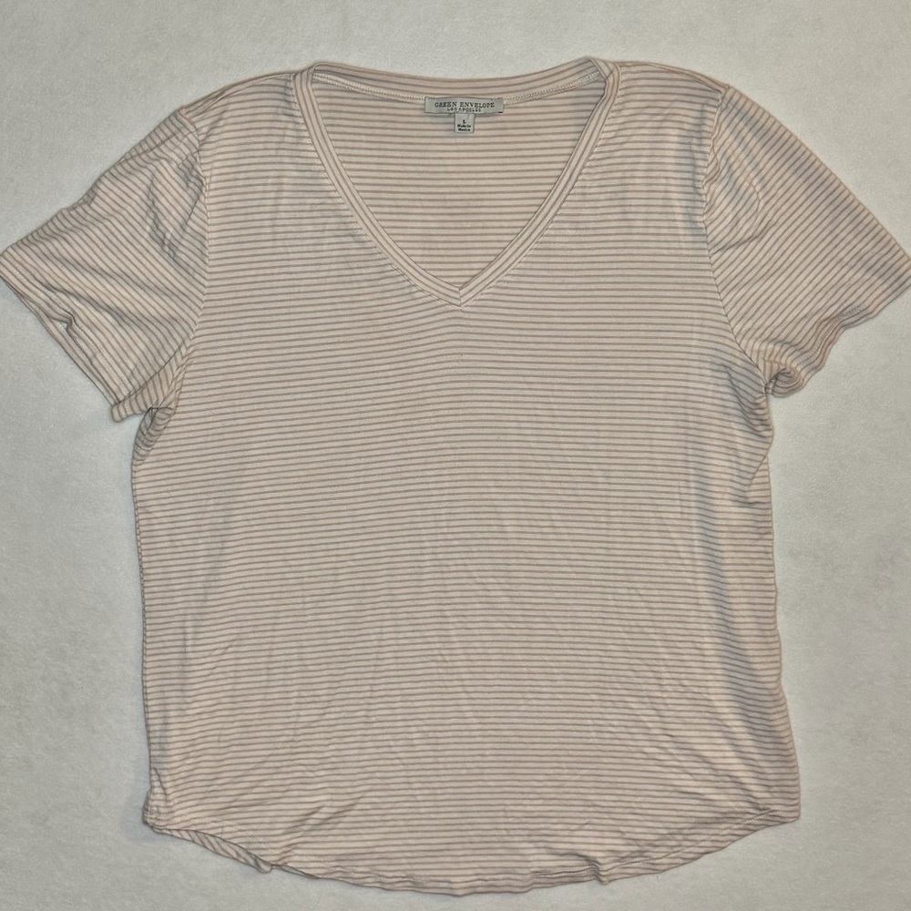 Green Envelope Orange Rust Casual Striped V-Neck Tee- Size Large - Picture 4 of 4